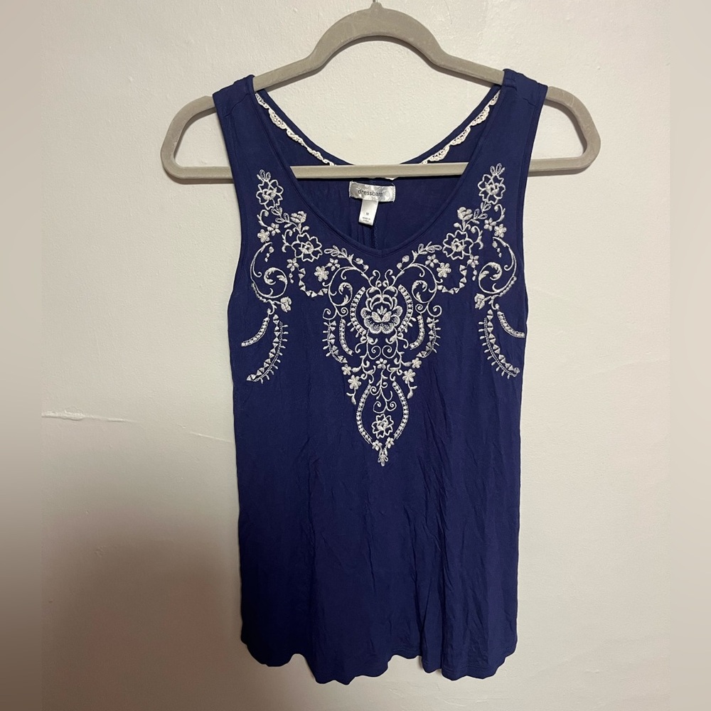 dressbarn Royal Blue Tank Top with Ivory Embroidery